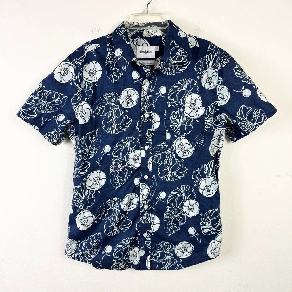 Goodfellow Men’s Navy Blue & White Floral Tropical Slim Button Up Shirt Size M